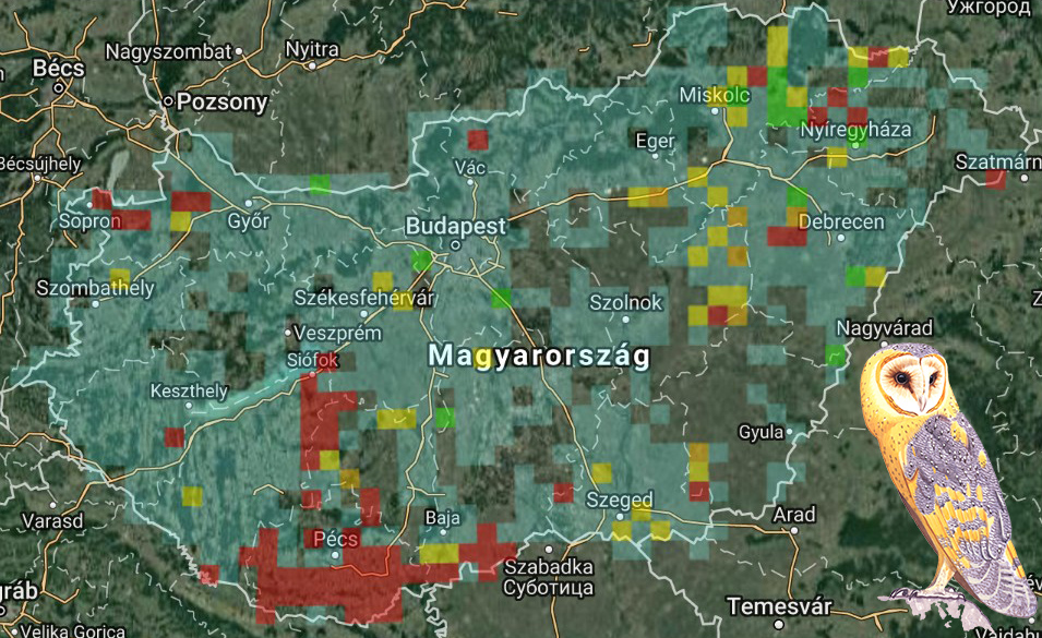 A 2016. évi gyöngybagoly adatok eloszlása a MAP adatbázisában (Forrás: MME).