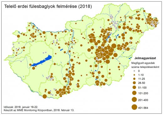 A 2018. január 19-22. között zajló országos telelő erdei fülesbagoly számolás eredményei (Forrás: MME monitoring Központ)